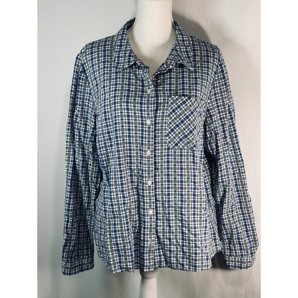 Tommy Hilfiger Womens Blue Gingham Embroidered Roll Tab Button Down Shirt Large